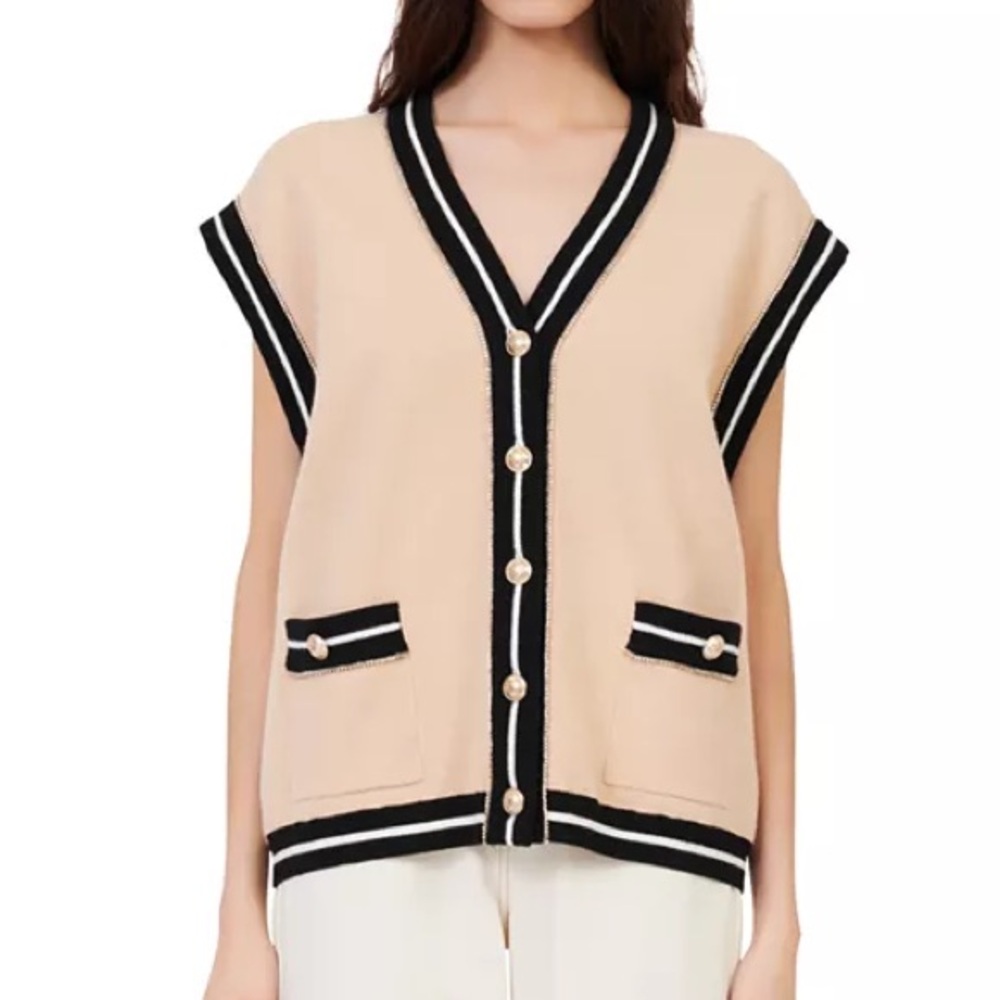 Maje Beige Knit Vest with Black Trim
